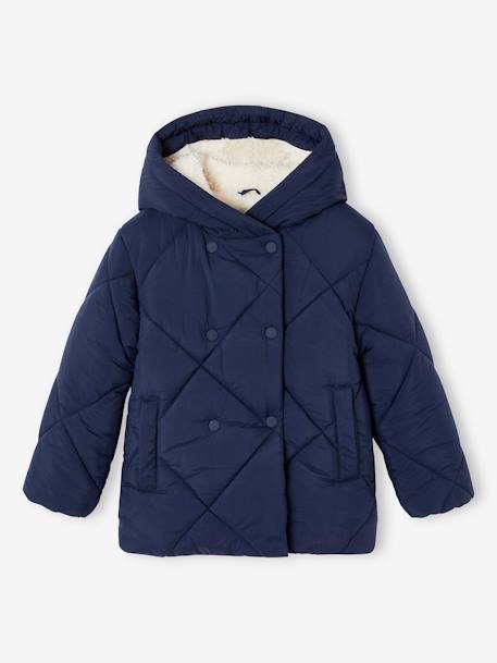 Padded Coat with Hood & Sherpa Lining for Girls blush+navy blue 