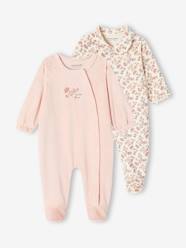 -Set of 2 "Small Flower" Sleepsuits in Velour for Baby Girls