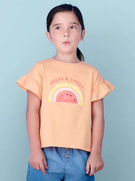 T-Shirt with Sequinned Motif for Girls ecru+strawberry+tangerine 