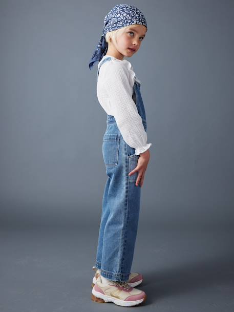 Wide Denim Dungarees with Contrasting Pockets, for Girls medium blue 