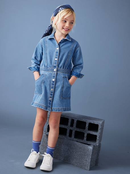 Buttoned Denim Dress for Girls medium blue 