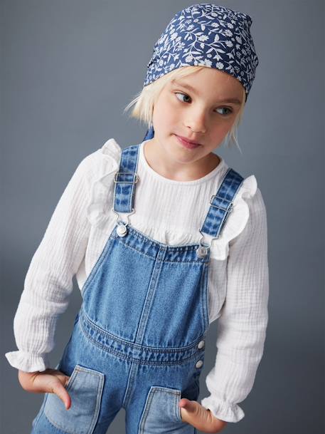 Wide Denim Dungarees with Contrasting Pockets, for Girls medium blue 