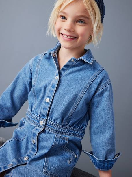 Buttoned Denim Dress for Girls medium blue 