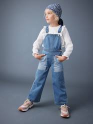 -Wide Denim Dungarees with Contrasting Pockets, for Girls