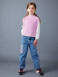 Girls-Jeans-Loose-Fitting Jeans with Floral Patches, for Girls