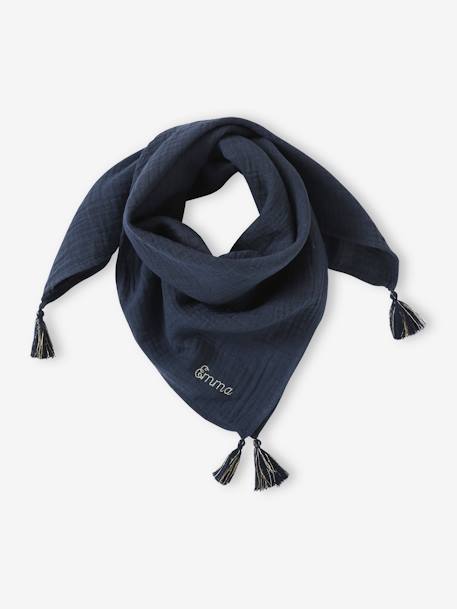 Plain Scarf in Organic Cotton with Tassels, for Girls blush+navy blue 