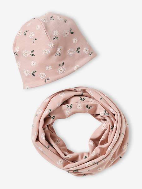 Floral Beanie + Infinity Scarf Set for Girls grey green+rosy 