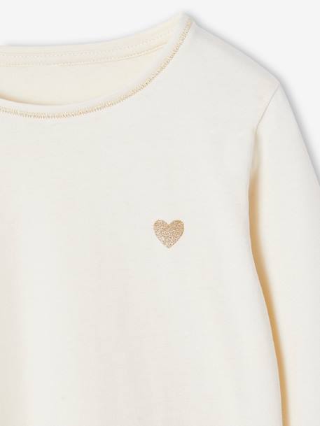 Basics Long Sleeve Top for Girls, Glittery Heart ecru+emerald green 