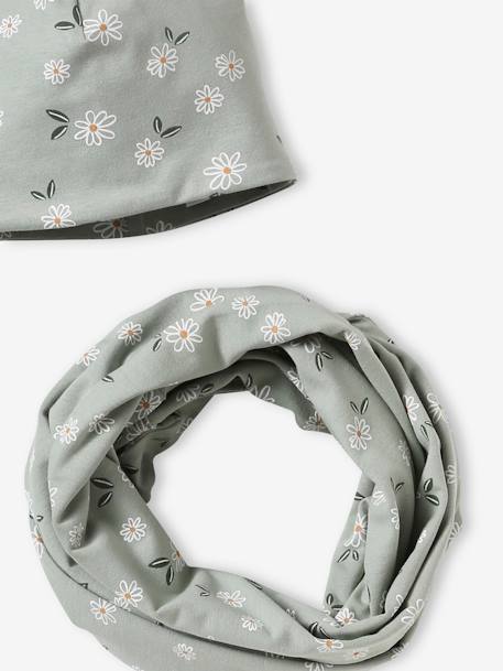 Floral Beanie + Infinity Scarf Set for Girls grey green+rosy 