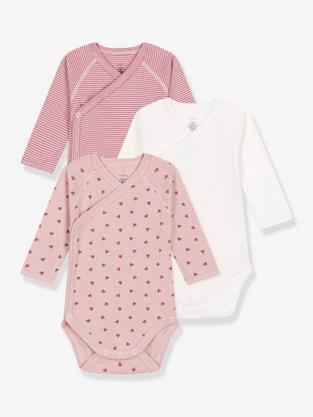 Pack of 3 Long Sleeve Wrap-over Bodysuits by Petit Bateau dusky pink 