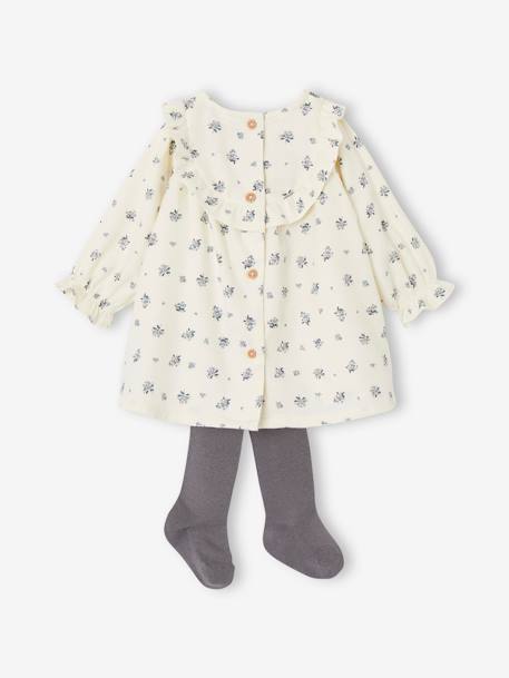 Floral Dress with Ruffle, Matching Headband & Tights Ensemble for Babies ecru 