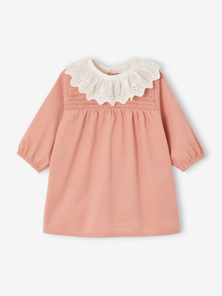 Needlecord Dress with Smocking & Removable Embroidered Collar for Babies rose 