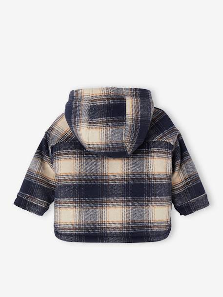 Chequered Hooded Coat in Woollen Fabric, Sherpa Lining, for Babies navy blue 