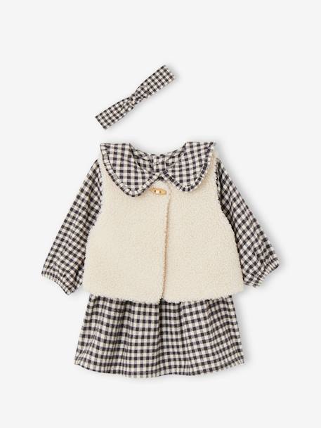 3-Piece Ensemble, Gingham Dress + Waistcoat + Headband for Babies chequered black 