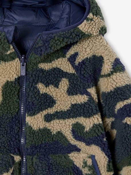 Reversible Hooded Jacket, Padded & in Sherpa, for Boys fir green+navy blue 