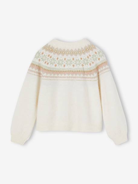 Fancy Jacquard Knit Cardigan in Shimmery Yarn for Girls ecru+rosy 