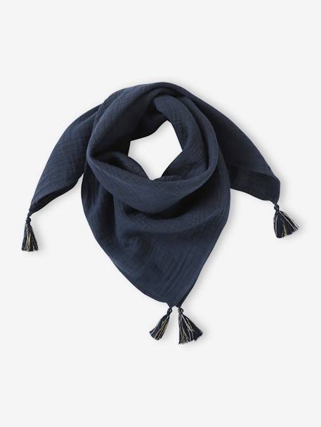 Plain Scarf in Organic Cotton with Tassels, for Girls blush+navy blue 