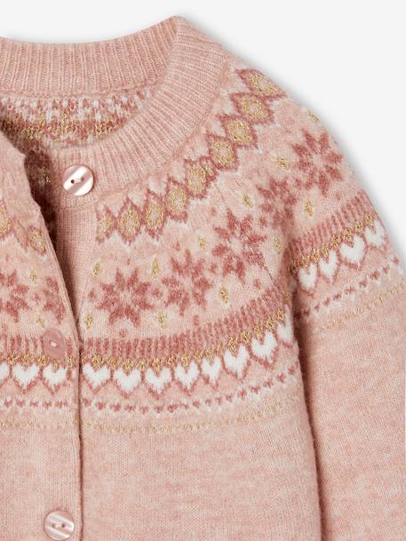 Fancy Jacquard Knit Cardigan in Shimmery Yarn for Girls ecru+rosy 