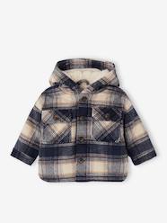 Baby-Chequered Hooded Coat in Woollen Fabric, Sherpa Lining, for Babies