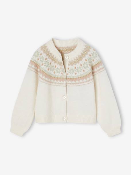 Fancy Jacquard Knit Cardigan in Shimmery Yarn for Girls ecru+rosy 