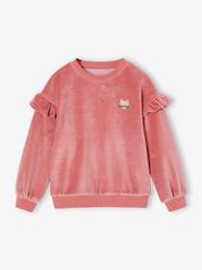 Girls-Cardigans, Jumpers & Sweatshirts-Velvet Sweatshirt with Ruffles & Cat Motif for Girls