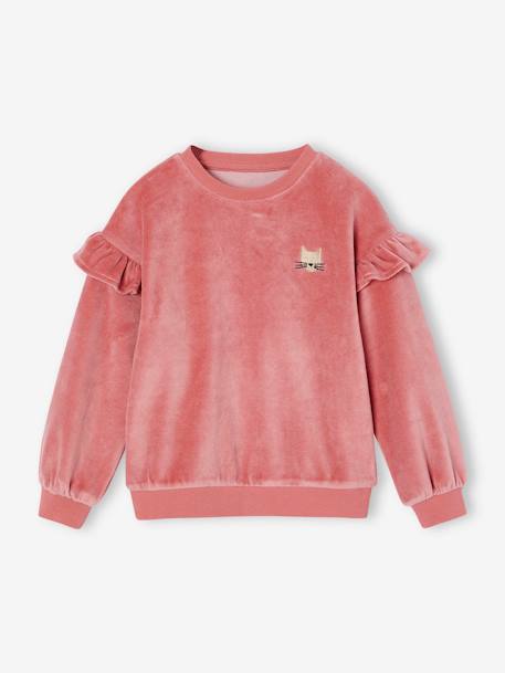 Velvet Sweatshirt with Ruffles & Cat Motif for Girls rose 