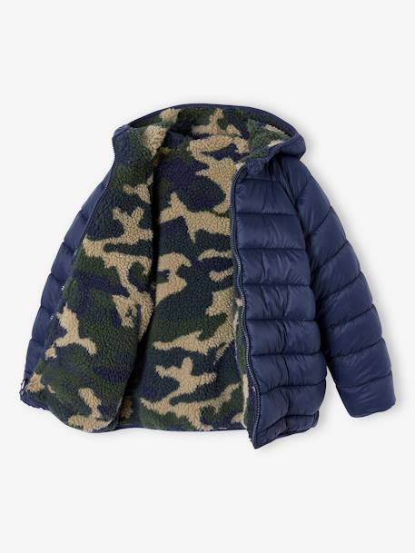 Reversible Hooded Jacket, Padded & in Sherpa, for Boys fir green+navy blue 