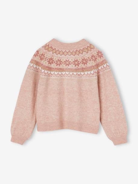 Fancy Jacquard Knit Cardigan in Shimmery Yarn for Girls ecru+rosy 