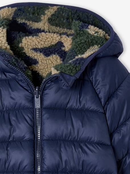 Reversible Hooded Jacket, Padded & in Sherpa, for Boys fir green+navy blue 