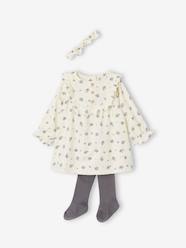 -Floral Dress with Ruffle, Matching Headband & Tights Ensemble for Babies