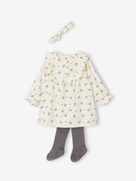 Floral Dress with Ruffle, Matching Headband & Tights Ensemble for Babies ecru 