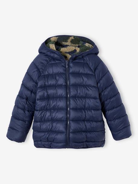 Reversible Hooded Jacket, Padded & in Sherpa, for Boys fir green+navy blue 