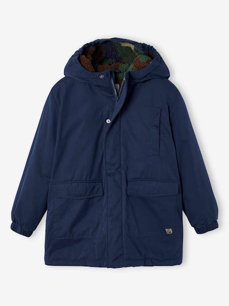 Hooded Parka Lined in Camouflage Print Sherpa, for Boys night blue 