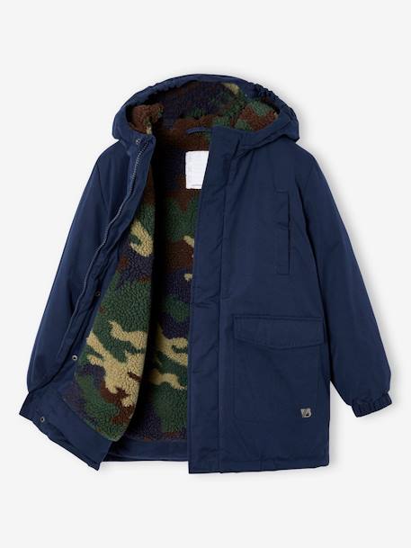 Hooded Parka Lined in Camouflage Print Sherpa, for Boys night blue 