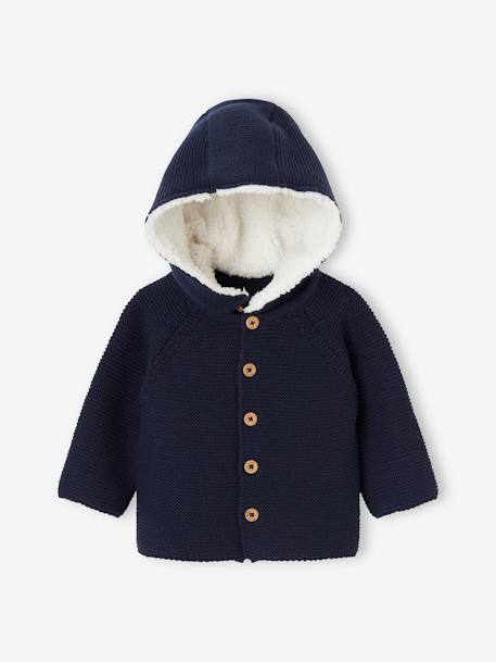 Cardigan + Detachable Hood Lined in Sherpa, for Babies navy blue 