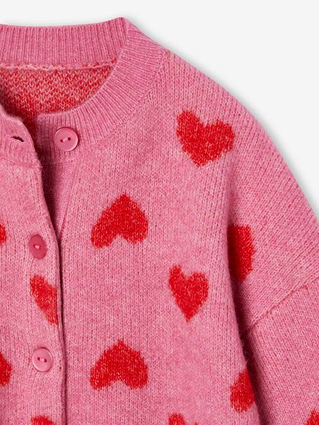 Cardigan with Jacquard Knit Hearts for Girls old rose 