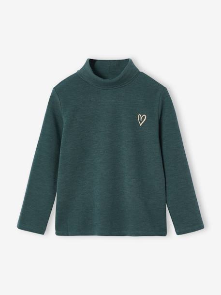 Polo Neck Top in Fancy Knit for Girls ecru+emerald green 