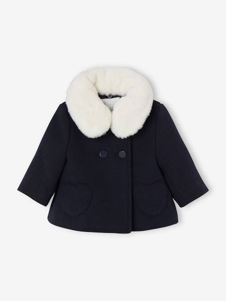 Woollen Fabric Coat, Detachable Faux Fur Collar, for Babies navy blue 