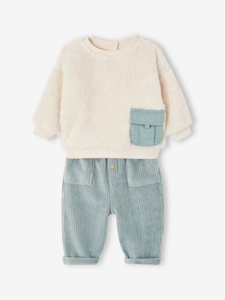 Ensemble: Plush Fur Sweatshirt + Corduroy Trousers for Babies aqua green 