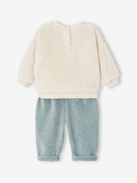 Ensemble: Plush Fur Sweatshirt + Corduroy Trousers for Babies aqua green 