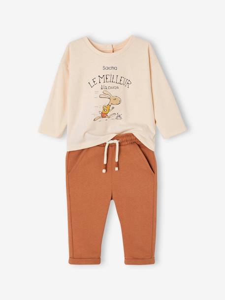 T-Shirt + Fleece Trouser Ensemble for Babies caramel+fir green 