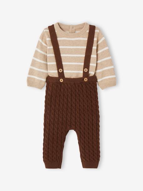 Striped Jumper & Trousers with Braces in Cable Knit Ensemble for Babies chocolate 