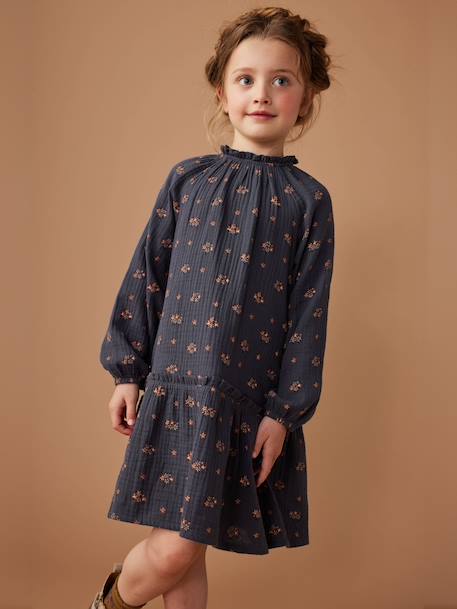 Floral Cotton Gauze Dress, for Girls anthracite+grey green 