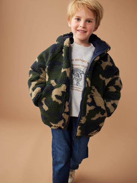 Reversible Hooded Jacket, Padded & in Sherpa, for Boys fir green+navy blue 