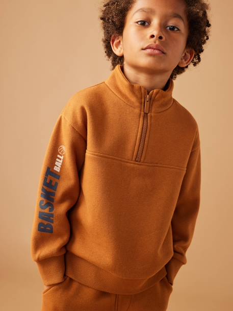 Sports Sweatshirt with Zip on the Neckline & Basketball on Sleeve for Boys hazel 