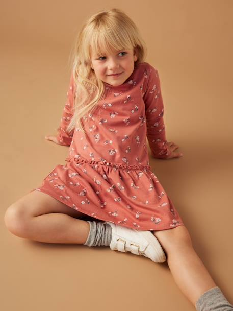 Long Sleeve Printed Dress for Girls ecru+grey green+old rose+printed brown+rosy 