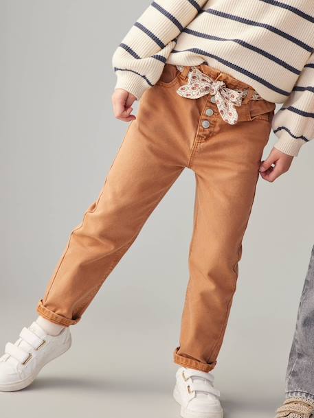 Paperbag Trousers & Floral Belt for Girls apricot+cinnamon+green+mauve 