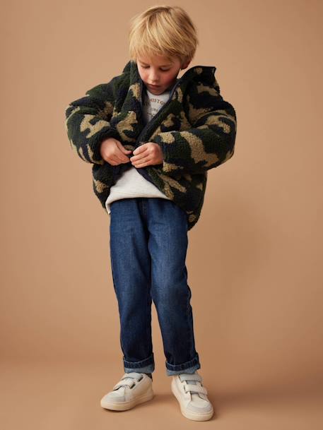 Reversible Hooded Jacket, Padded & in Sherpa, for Boys fir green+navy blue 