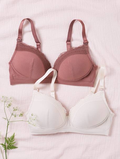 Pack of 2 Padded Bras in Organic Cotton & Lace, Maternity & Nursing Special dark brown 