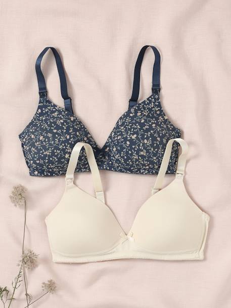 Pack of 2 Padded Bras in Stretch Cotton, Maternity & Nursing Special GREY DARK MIXED COLOR+navy blue+WHITE LIGHT SOLID 